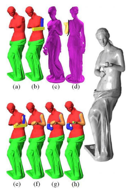 Figure 1: User selecting a new left arm for the statue by placing placeholder boxes where the arm should be. A shape that fits the constraints is then looked up from the database and the relevant parts are copied over